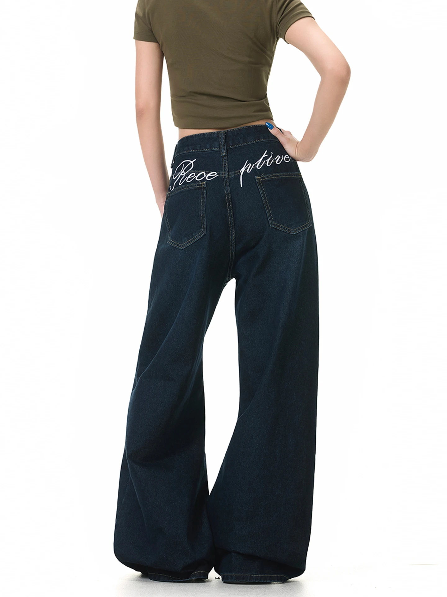 

FreeMary Mid-Waist Distressed Letter Embroidery Jeans Women's Slimming Versatile Loose Drapey Straight Leg Long Pants