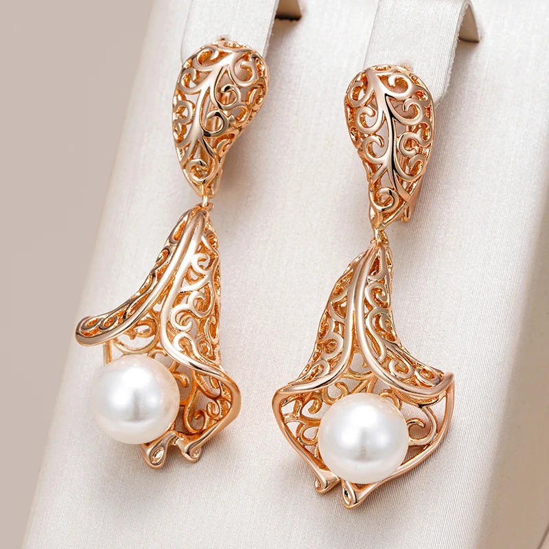 Kinel Luxury 585 Rose Gold Color Big Drop Earrings for Women Unique Hollow Flower Pearl Accessories Bridal Wedding Jewelry