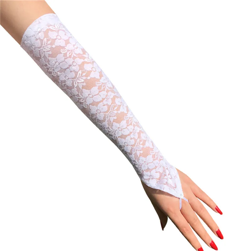 Arm Elbow Gloves Stretch Women Fingerless Long Lace Gloves Dress Accessories Sexy Floral Transparent Elegant Arm Sleeve White image 4