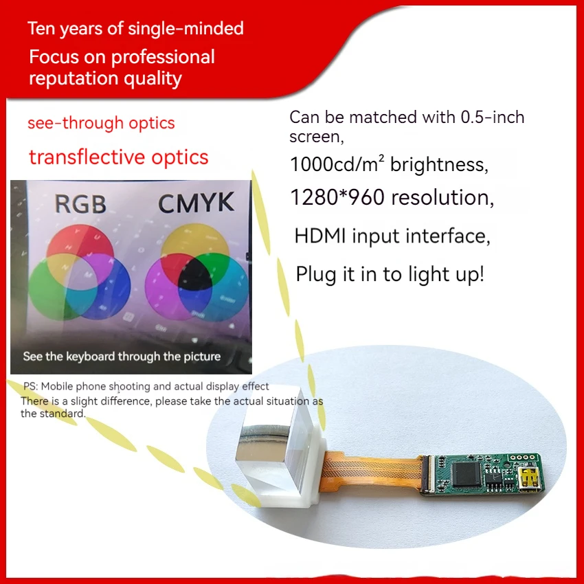 Free-form optical semi-transparent and semi-reflective perspective optical 0.5-inch screen prism optical magnifying lens