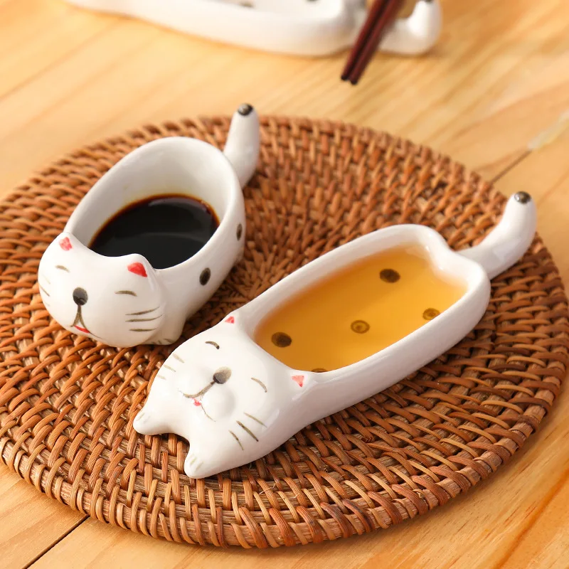 1/2 Pcs Kitchen Tableware Ceramic Dipping Bowls Seasoning Plate Cute Animal Cat Shape Tableware Soy Sauce Vinegar Snack Dish New