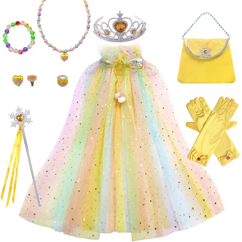 Costume da mantello cosplay per feste Mantello da principessa colorato per bambina in tulle con paillettes con set di bacchette magiche di tiara