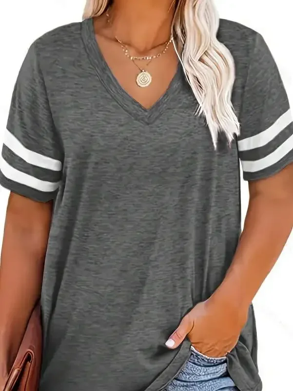 Frauen Mode Plus Größe V-ausschnitt Sommer Farbe Blockiert T-shirt Sommer Lose Top Kurzarm Casual T-shirt 1XL-8XL – Detail 8