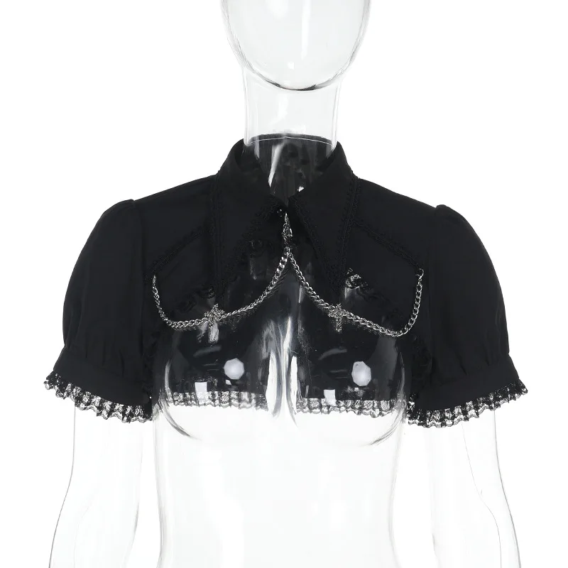 2025 nuove donne vintage estate pizzo nero fasciatura a-line aderente mini abito streetwear manica corta catene grembiule abito corto