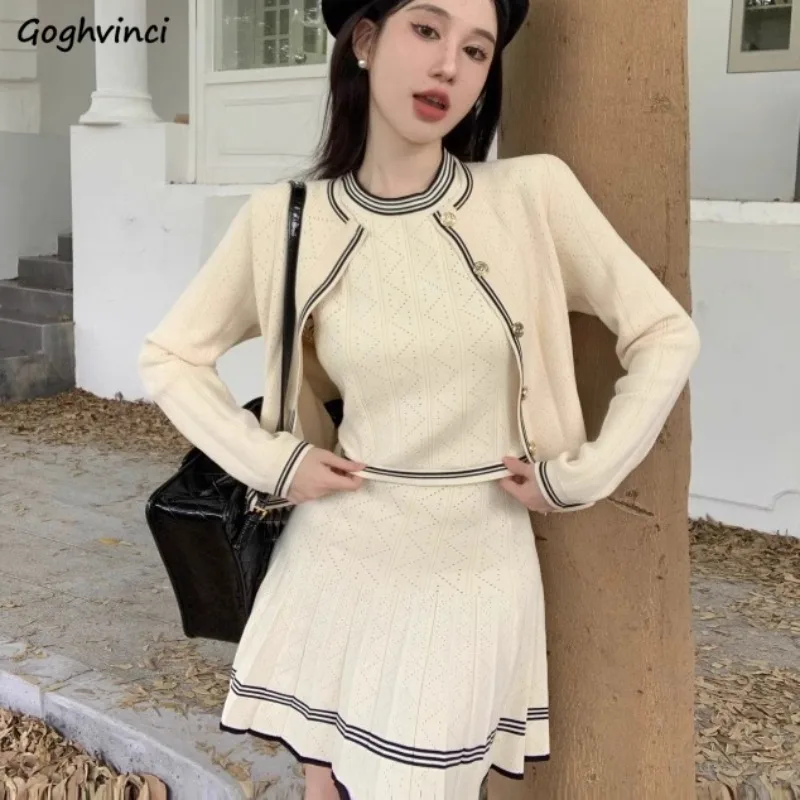 Women 3 Pieces Sets Knitted Tanks Button-up Cardigans High Waist Mini Pleated Skirts Streetwear Gentle Fashion Soft Elegant New