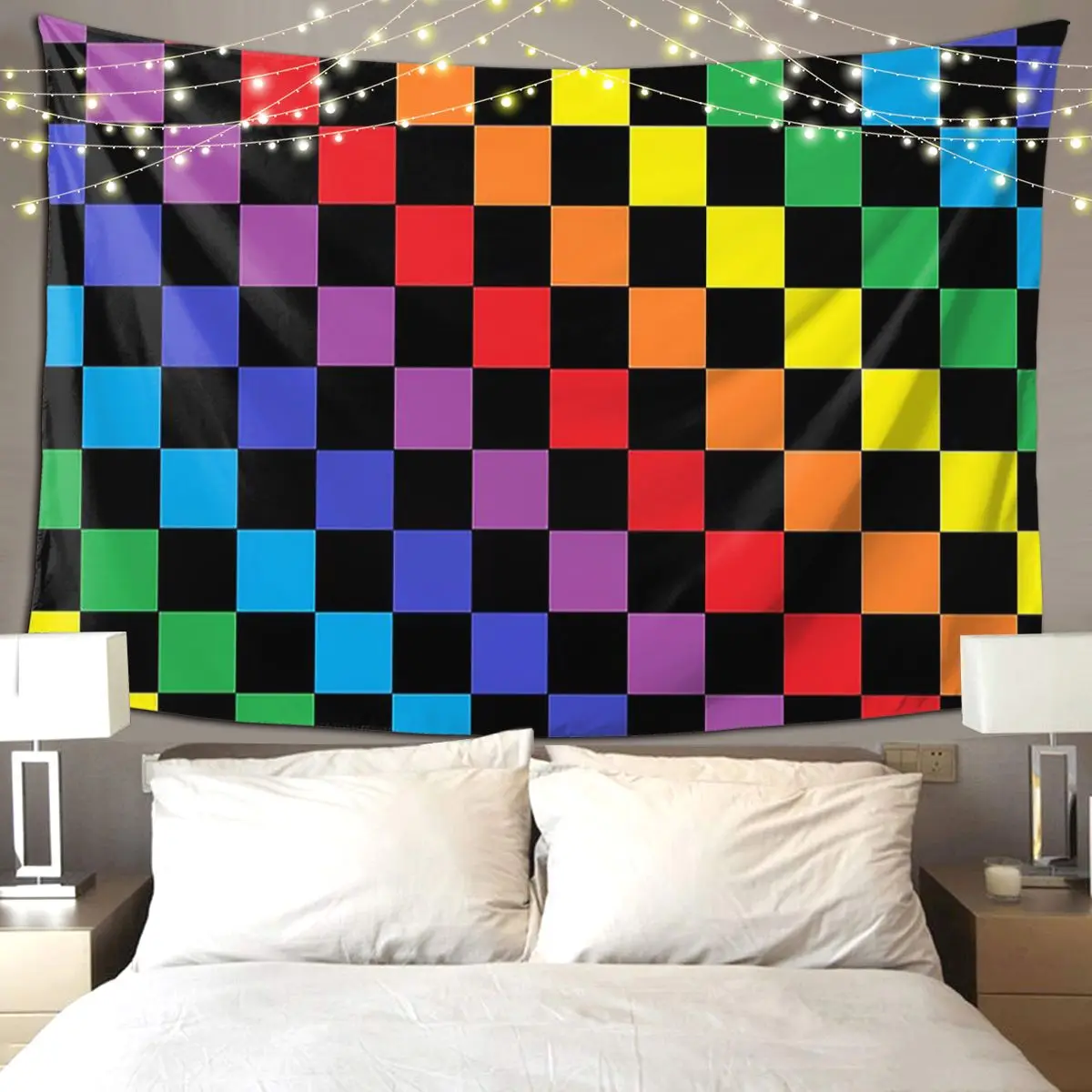 Checkered Rainbow Black Tapestry Funny Wall Hanging Aesthetic Home Decor Tapestries for Living Room Bedroom Dorm Room