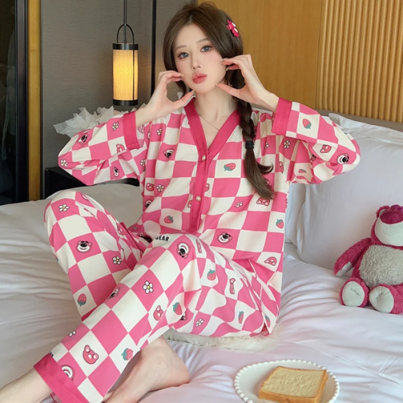 2024 Autumn New Ice Silk Women\'s Pajamas Two Pieces Sets Long Sleeve Pants Sleepwear Fashion Cute Letter Print Female Homewear