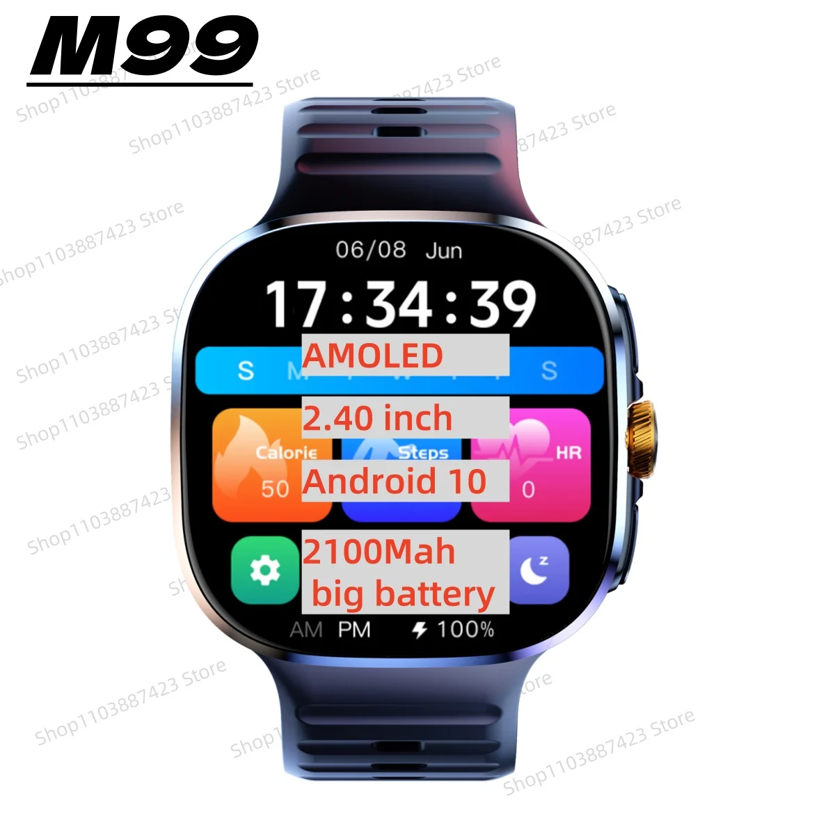 

Смарт-часы AMOLED с большим экраном 2,4 дюйма M99, поворотная камера, 4G SIM-карта, Android 10, WIFI, GPS, приложение, загружаемые умные часы