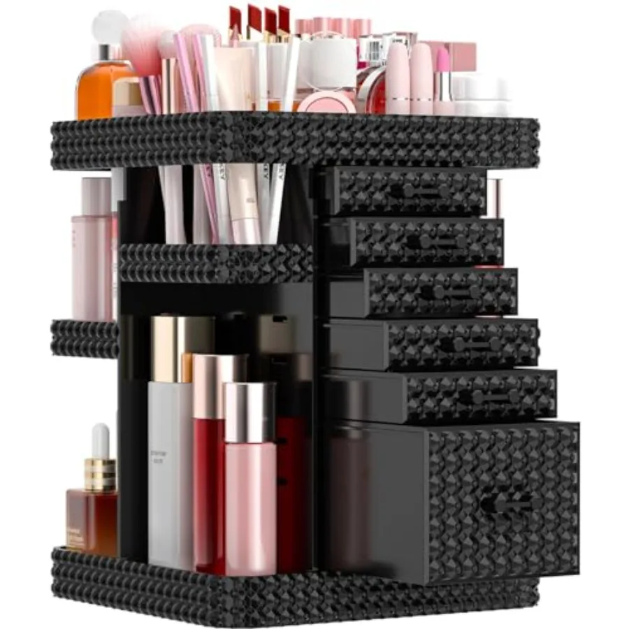 

Rotating Makeup Organizer with 6 Drawers[New Updated] Multifunctional Cosmetics Organizer for Vanity Countertop Square Jewelry
