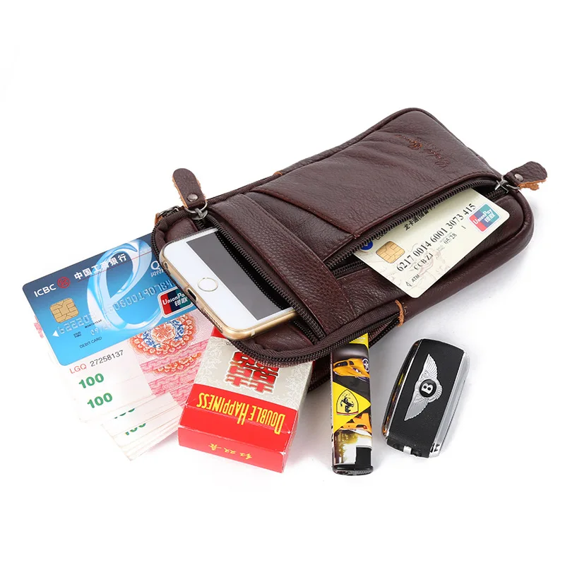 Riñonera Vintage de cuero genuino para hombre, bolsa de teléfono móvil a la moda, cinturón de negocios, bolso de mensajero de hombro de cuero de vaca