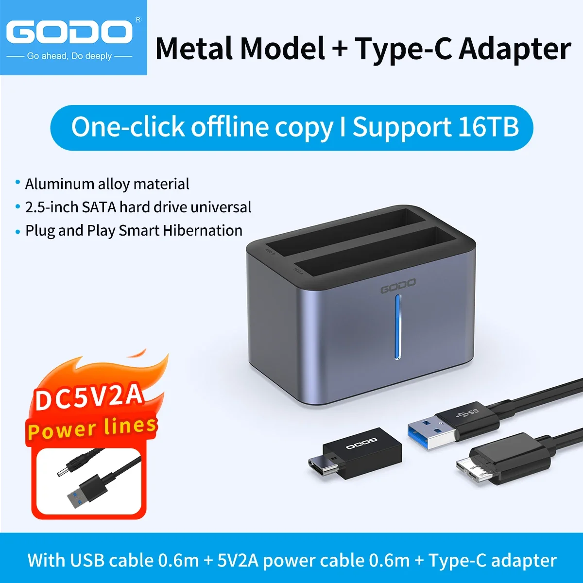GODO USB 3.0 Dual Bay External Hard Drive Docking Station 2.5 Inch SSD HDD Dock Offline Clone Aluminum Hard Drive Enclosure