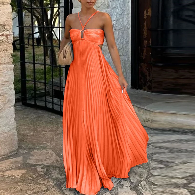 Abiti Sexy Hollow Halter Robe Abiti a pieghe Donna Nuova primavera Solido Vita alta Abito lungo Estate Backless Lace-up Boho Dress