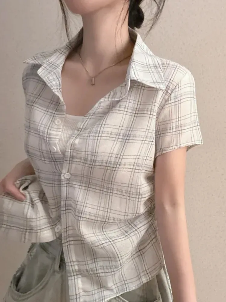 Chic Summer Vintage Versatile Colletto rovesciato Bottone piccolo Design raccolto lateralmente ort Plaid irt Top da donna Pendolarismo Sle