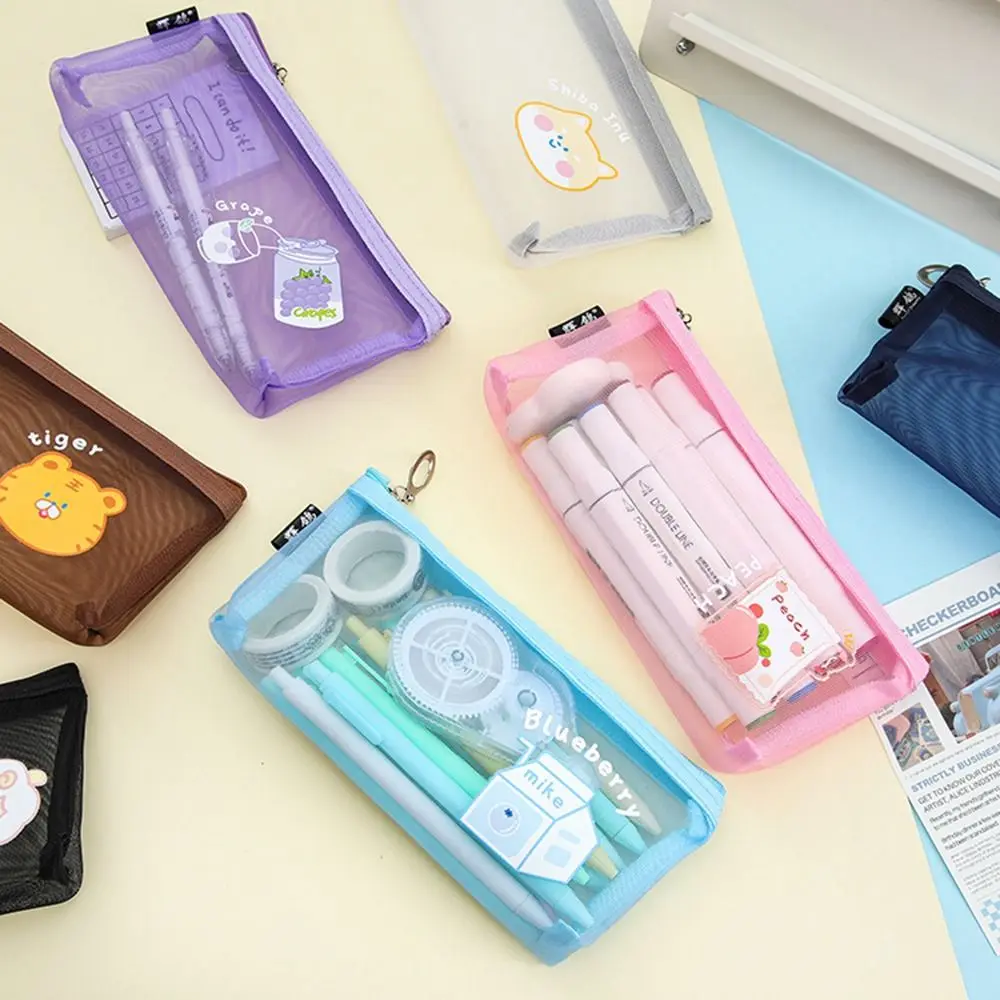 Cartoon Transparent Pencil Case Nylon Mesh Large-Capacity Triangular Cosmetic Stationery Storage Bag