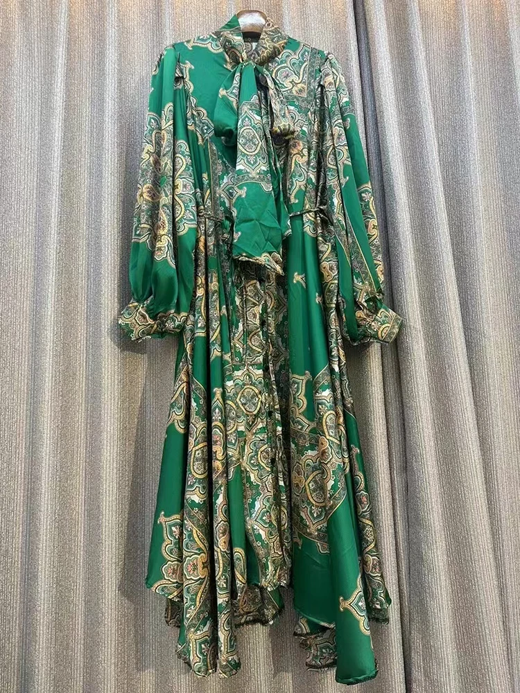 Retro geometric printed bow collar single-breasted long-sleeved dress 2025 autumn women's fashion loose irregular puffy dress