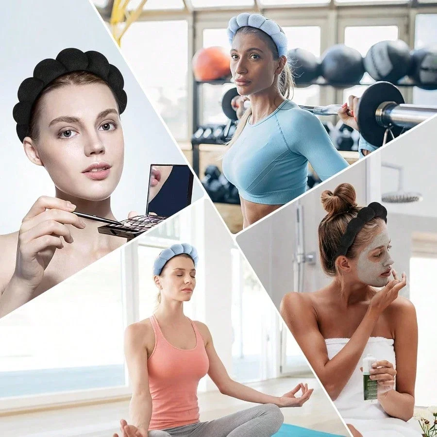 

Набор из 2-х пышных повязок для макияжа - махровые повязки для умывания и укладки волос для салонов, спа и йоги, черные и синие