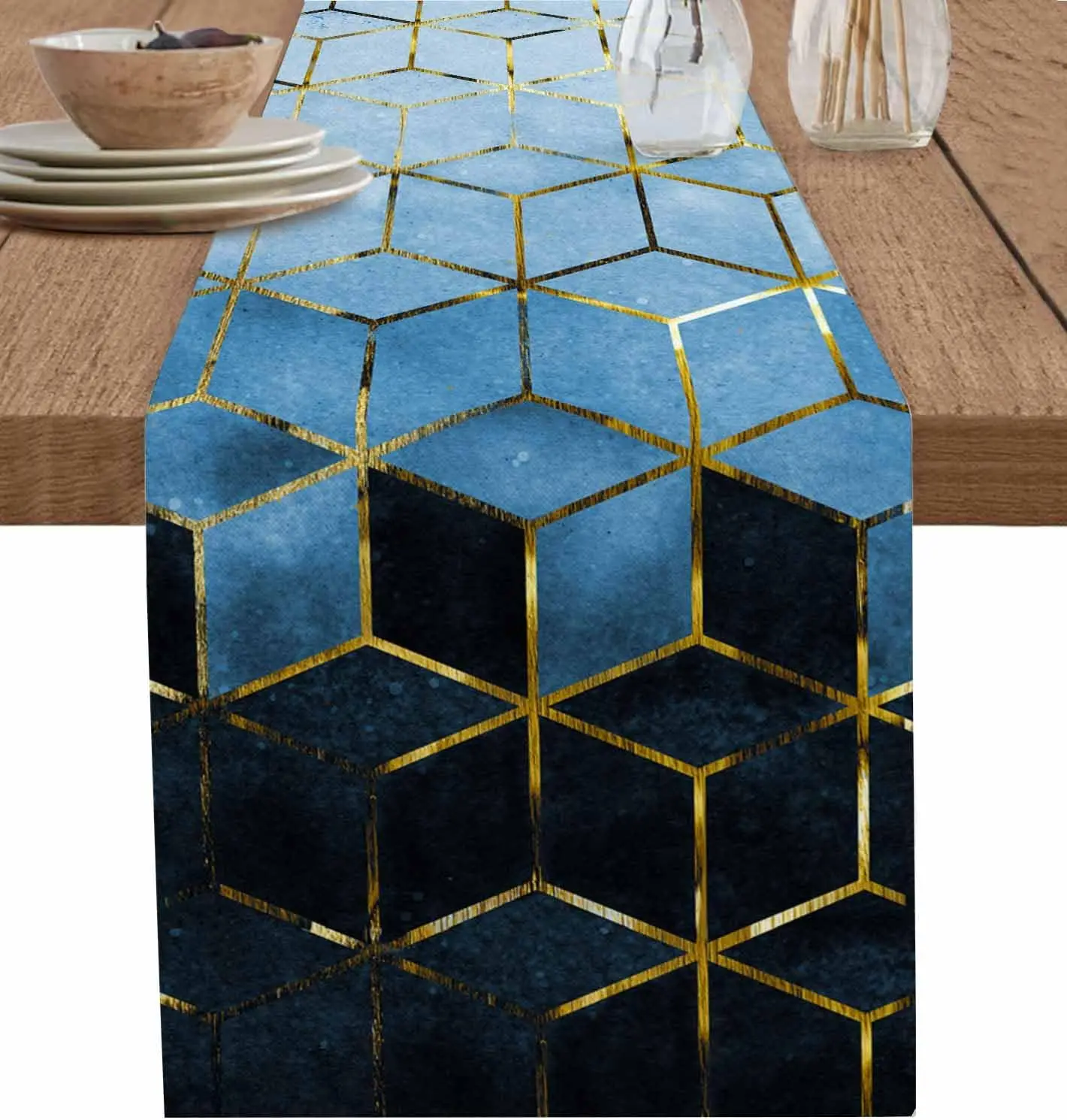 Caminos de mesa de lino azul de mármol, camino de mesa moderno abstracto geométrico negro dorado, bufanda, decoración de mesa de comedor para fiesta de cocina