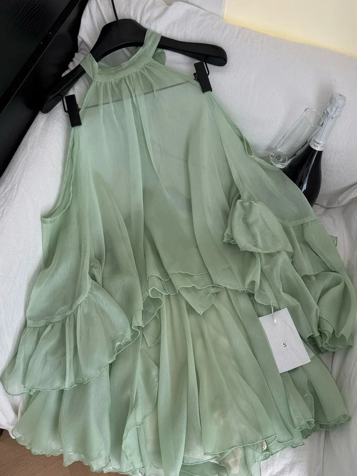 

Комплект из шифона и юбки Mint een с юбкой-колокольчиками и юбкой с высокой талией, свободный крой, длинный топ с застежкой-молнией