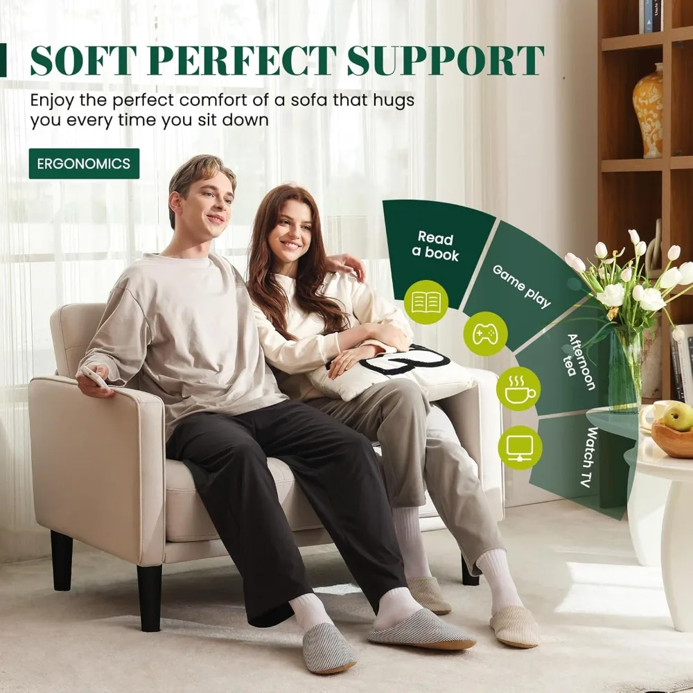 Sofá loveseat compacto 45 bege: capa confortável e removível, espuma de alta densidade, estrutura de madeira maciça