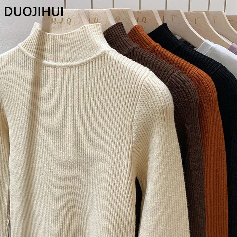 DUOJIHUI Autumn Chic Neck Knitted Sweater Women Pullovers Orange Simple Casual Long Sleeve Fashion Solid Color Female Pullovers