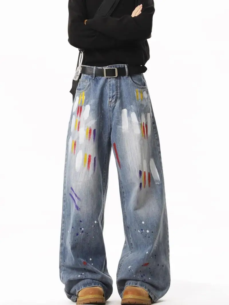 

Женские брюки, дышащие винтажные мягкие джинсовые зимне-осенние джинсы с американскими граффити, свободные повседневные широкие прямые длинные брюки-карго