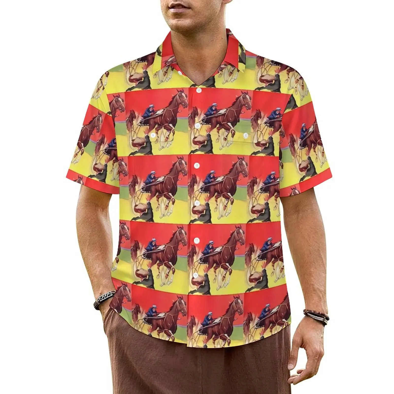 

Horse Race Casual Shirt 1930s Classic Art Retro Hawaiian Shirts Men Short-Sleeve Vacation Harajuku Design Oversized Blouses