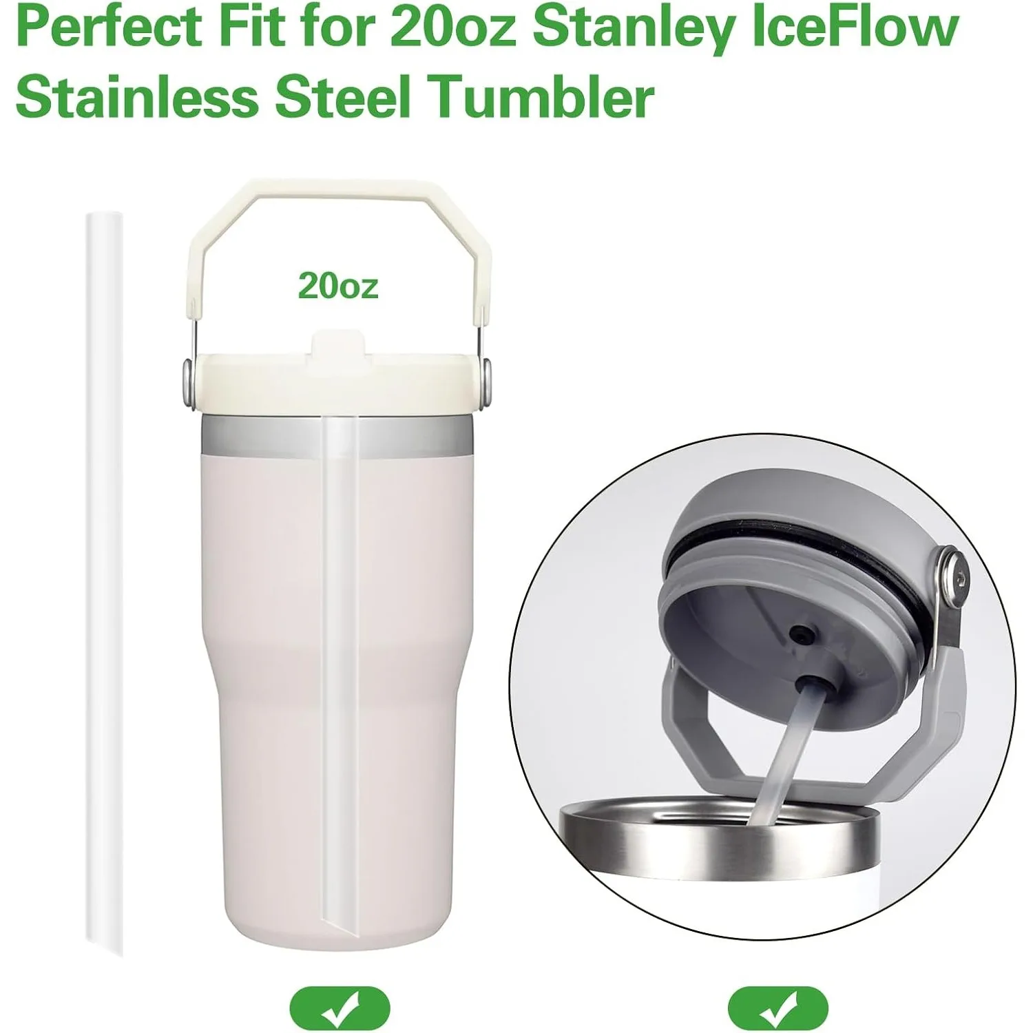 Replacement Plastic Straw Compatible with Stanley 20 oz Flip Straw Tumbler-with 4/6/8/12PCS Reusable Straws and 2 Straw Burshes