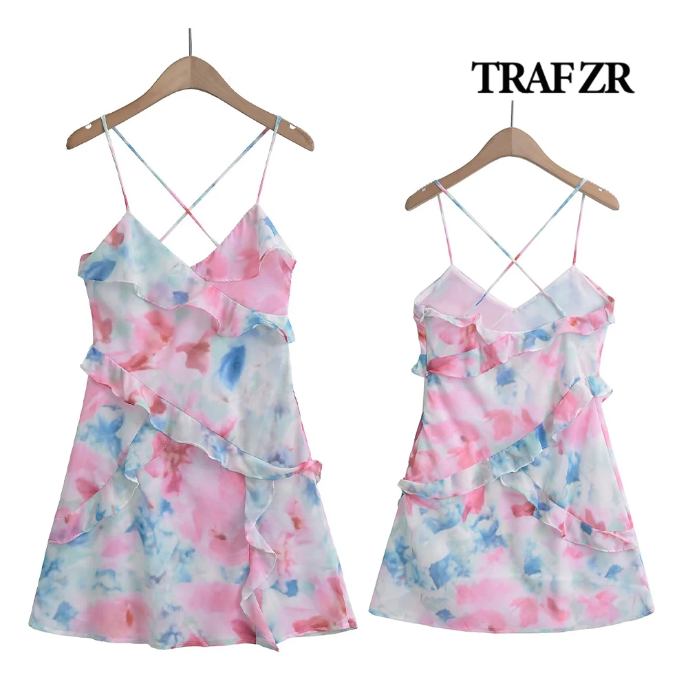 TRAF ZR Floral Printing Dresses for Women Layered Flowy Ruffled Mini Summer Dress Femmes Sweet Camis Gowns Back Straps Crossed