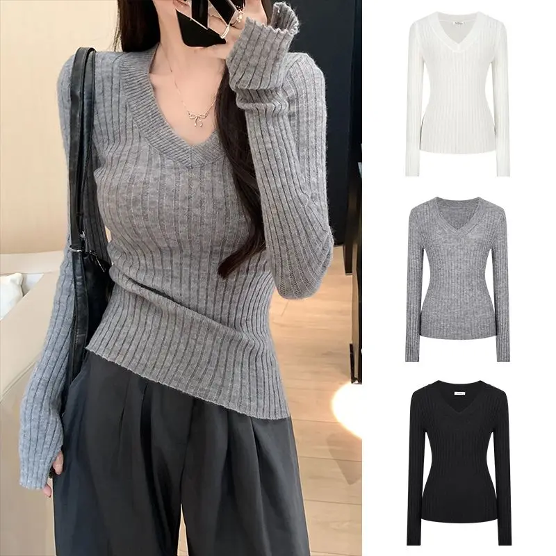 

Knitted Women's Top Winter Korean V-neck Slimming Versatile Long Sleeved Sweaters