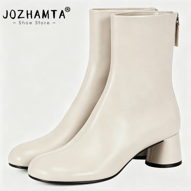 Women's Real Leather Ankle Boots with Round Heel - Winter Dress Shoes