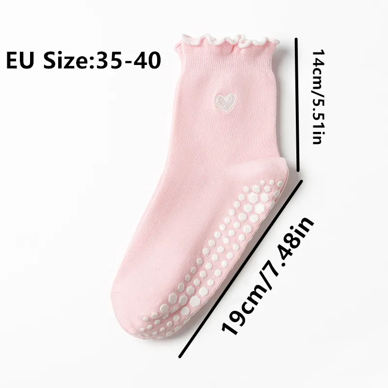 3 Pairs Women Heart Pattern Frilly Yoga Pilates Socks Non-Slip Silicone Grips Mid-Calf Indoor Sports Dance Floor Socks image 2