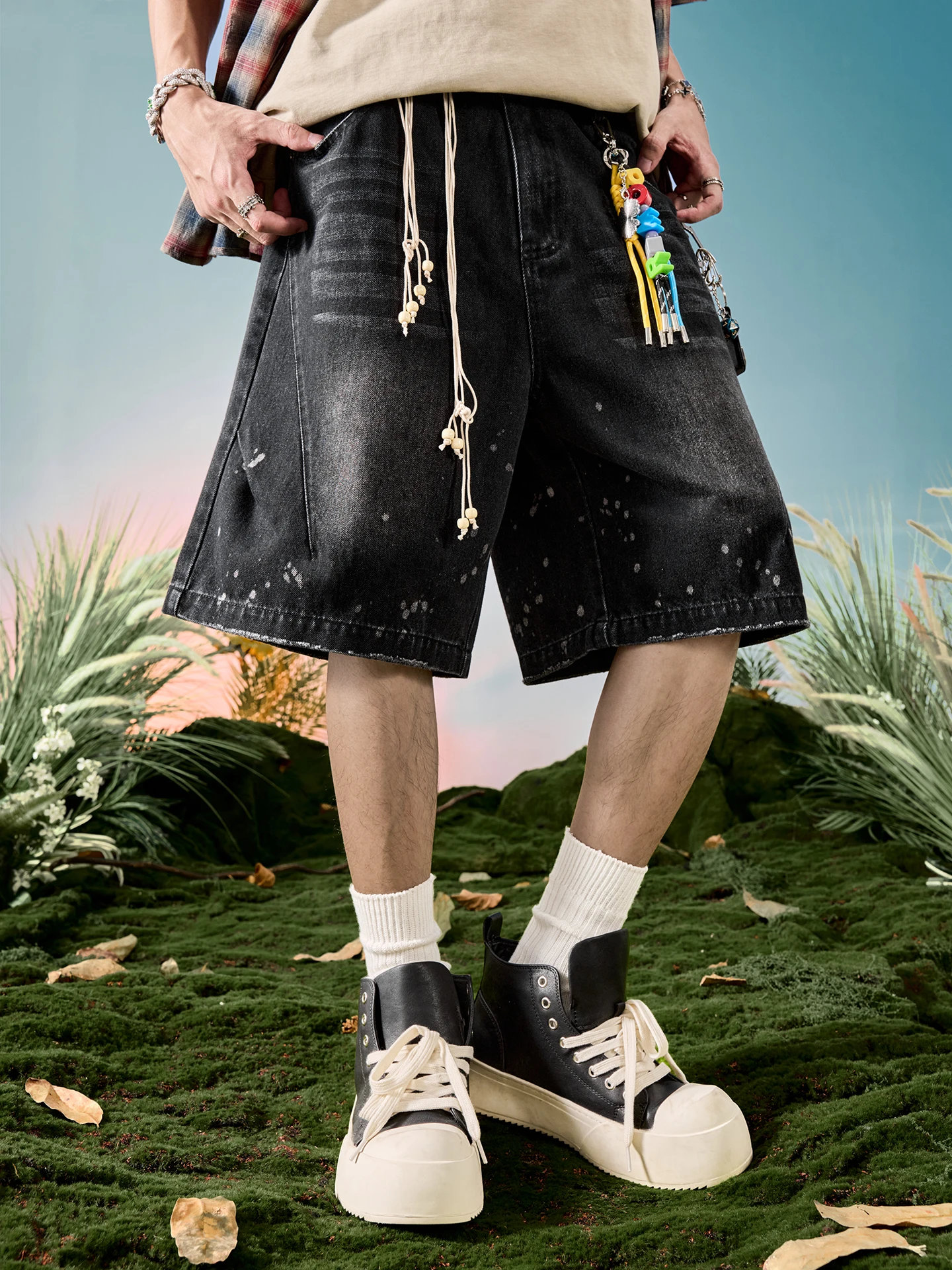 

Nuthink Американские ретро-джинсовые шорты с эффектом потертости, прямого кроя, длиной до колена, повседневные, летние, новые, из смесового хлопка и полиэстера