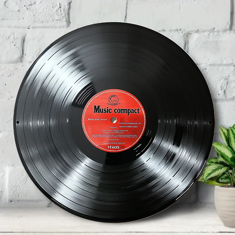 Retro Vinyl Record Metal Sign, 2D Flat Wall Art with Red Label & Frame, Compact Album Display for Home Bar Cafe Decor