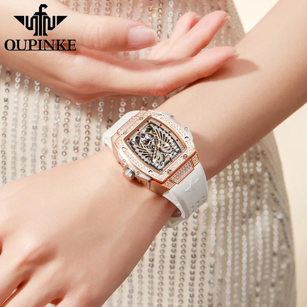 OUPINKE-reloj mecánico automático para mujer, accesorio de marca de lujo con todos los diamantes, clásico, de silicona, resistente al agua,