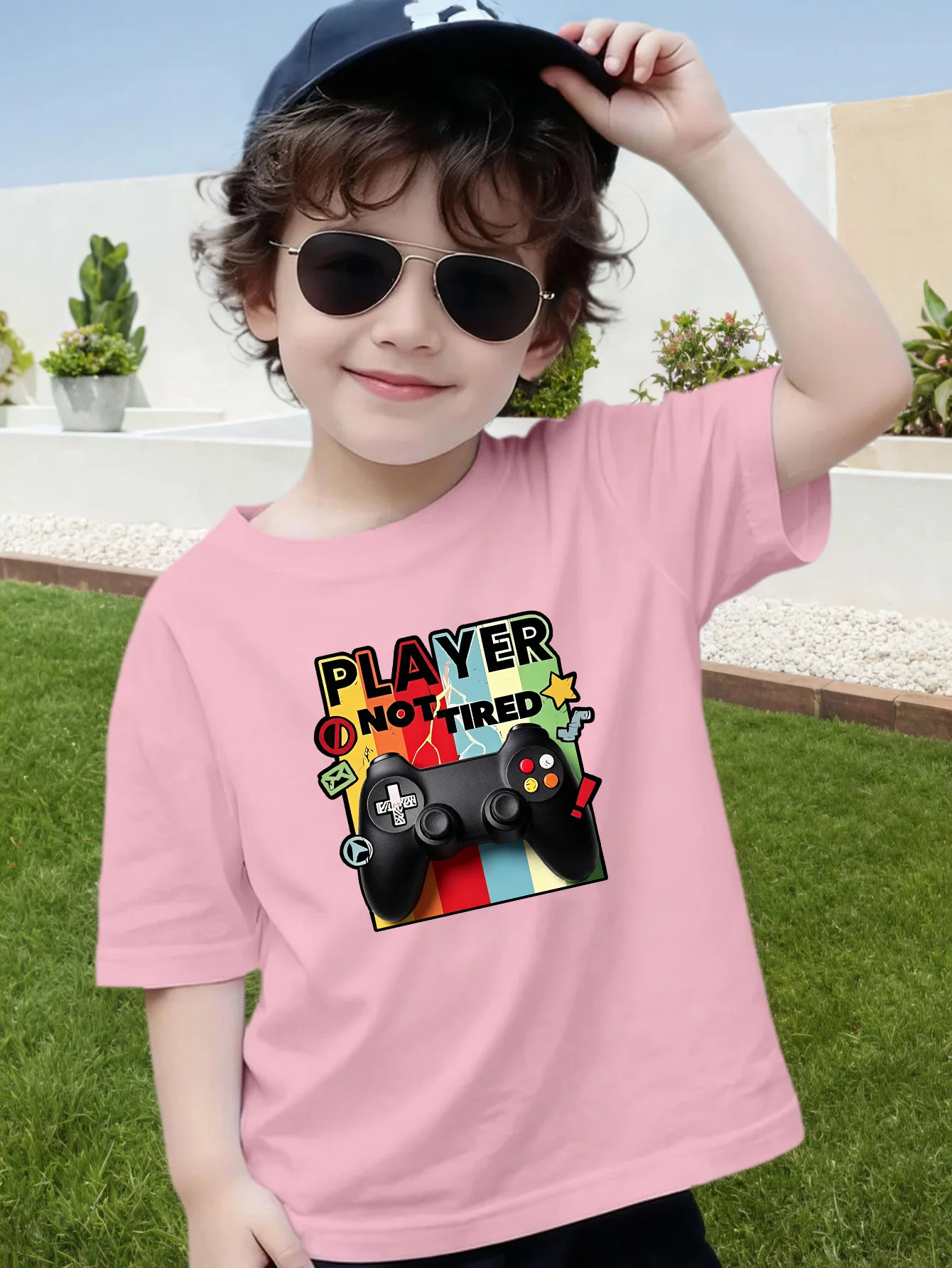 Gamepad Player Not Tired Trendy Print Boys Girls Family Matching Cotton Short Sleeve Crew Neck Soft Summer Kids Casual Tees