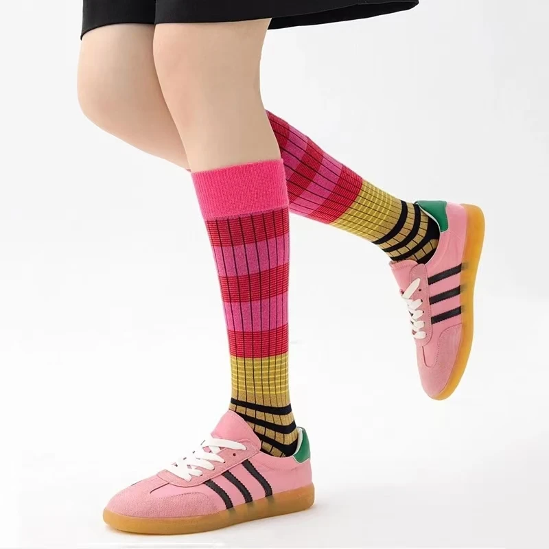 Autumn Winter Ins Fashion For Woman Gradient Striped Colorful Retro Calf Socks Cotton High Tube Soft Sport Women's Casual Sox