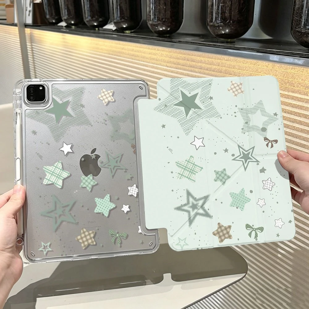 Cute Mint Green Star Bow Tablet Case For iPad Pro 11 12.9 13 A16 M2 M4 M3 M5 Shell 10.2 5/6/7/8/9/10/11th Mini Air 3 4 5 6 Cover