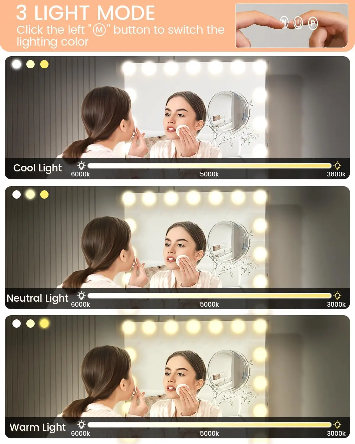 Espelho de vaidade com luzes LED ajustáveis, controles de toque inteligentes de ampliação 3X com três modos de cor ajustáveis para quarto