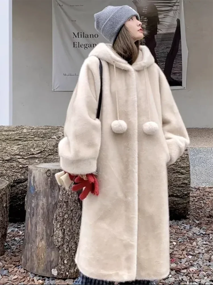 Otoño Invierno con capucha imitación visón chaqueta de felpa abrigo suelto largo lana imitación piel ecológico grueso cálido Parker abrigo JJ297