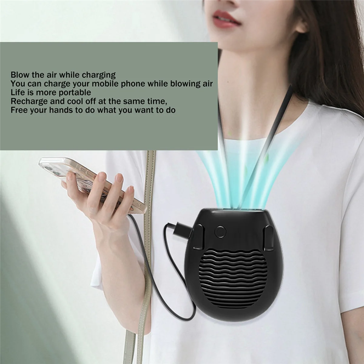 Power Bank Personal Handheld Air Conditioner Electric Fan 6500MAh Rechargeable Hanging Waist Fan Wearable,Black