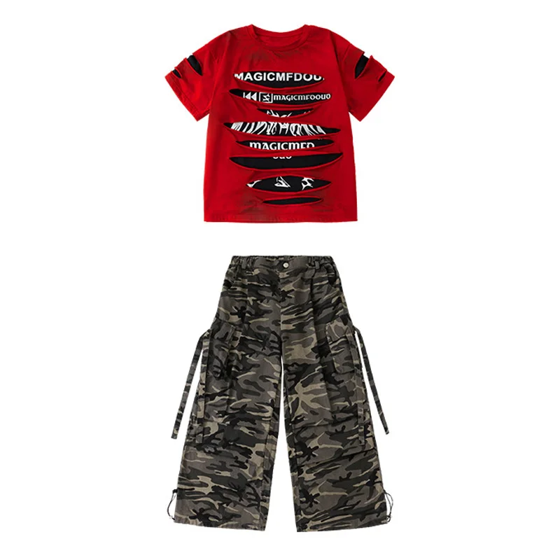 Kid KpopClothing Red Letters Ripped T Shirt Black Camouflage Pants for Girl Boy Hip Hop Dance Wear Costume Clothes