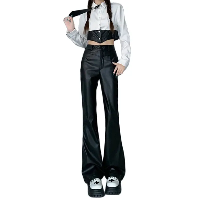 Women's Black Gothic Y2k Leather Pants Baggy Harajuku Japanese 2000s Style Emo Punk PU Pants 90s Vintage Trousers Trashy Clothes