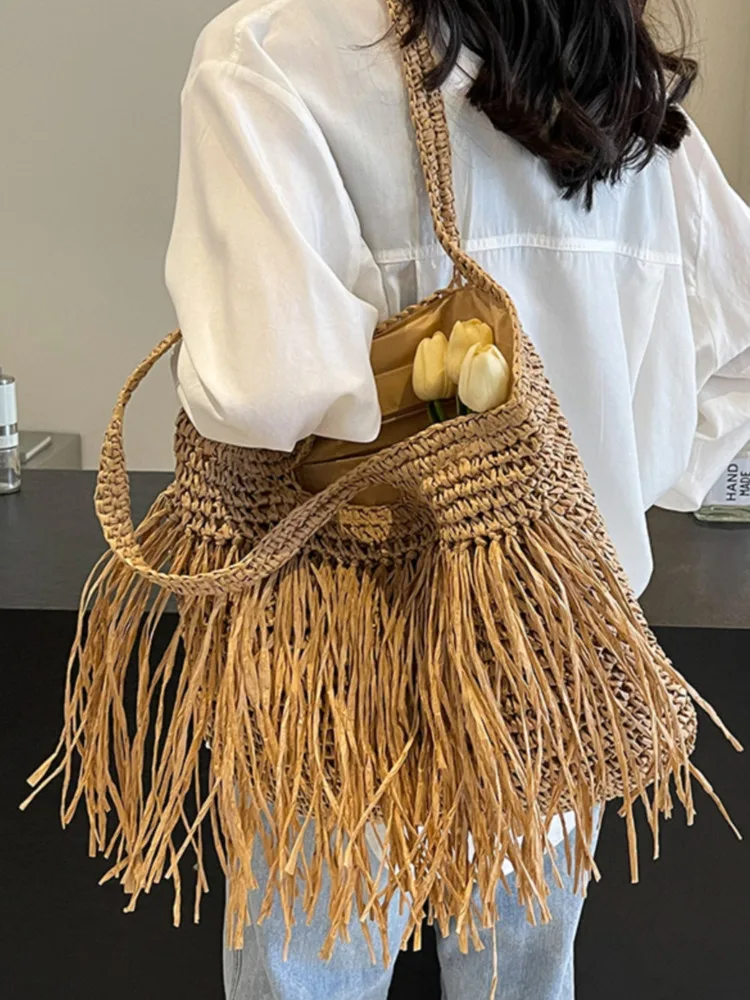 Summer Women Weave Straw Tote Bag 2024 New In Fashion Travel Beach Bags Lady Handmade Rattan Shoulder Bag Handbags And Purse