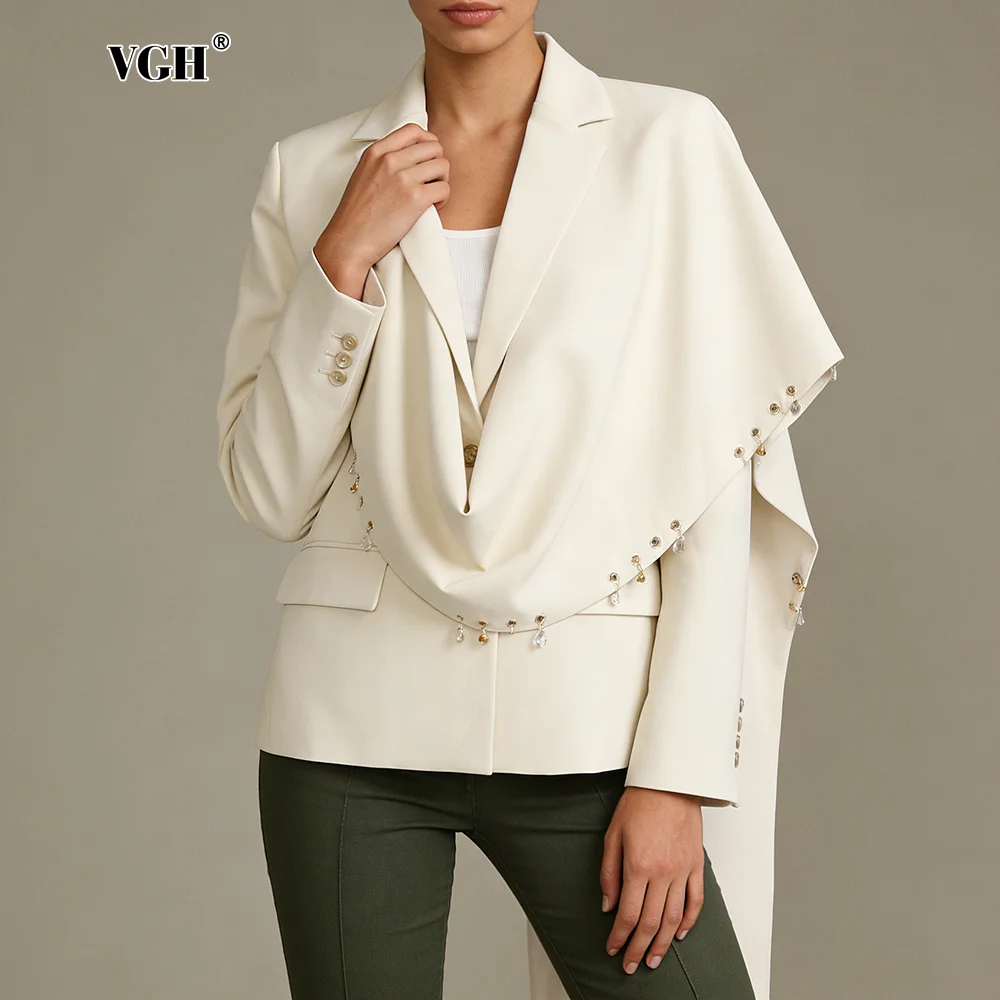 

VGH однотонное лоскутное пальто с металлическими украшениями для женщин, зубчатый воротник, длинный рукав, нерегулярная минималистичная официальная шаль, женская куртка