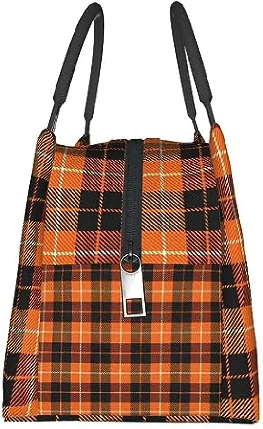 Halloween Lunch Bag Pumpkin Plaid Lunch Box Portable Travel Work Large Capacity Tote Bag for Women Men Lunch Box Bag