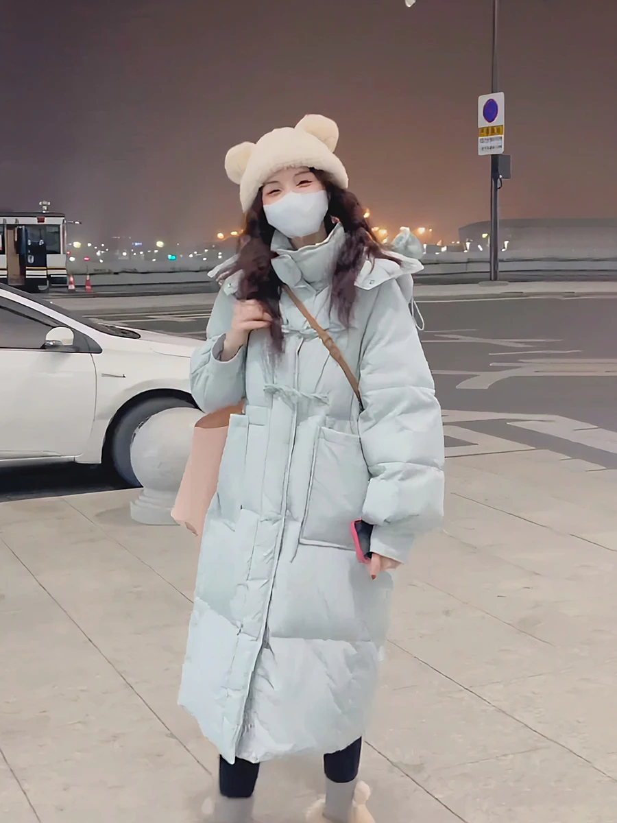 

Женское белое пуховое пальто средней длины в корейском стиле, модное, теплое, зимнее, для повседневной носки, с ветрозащитным дизайном и карманами