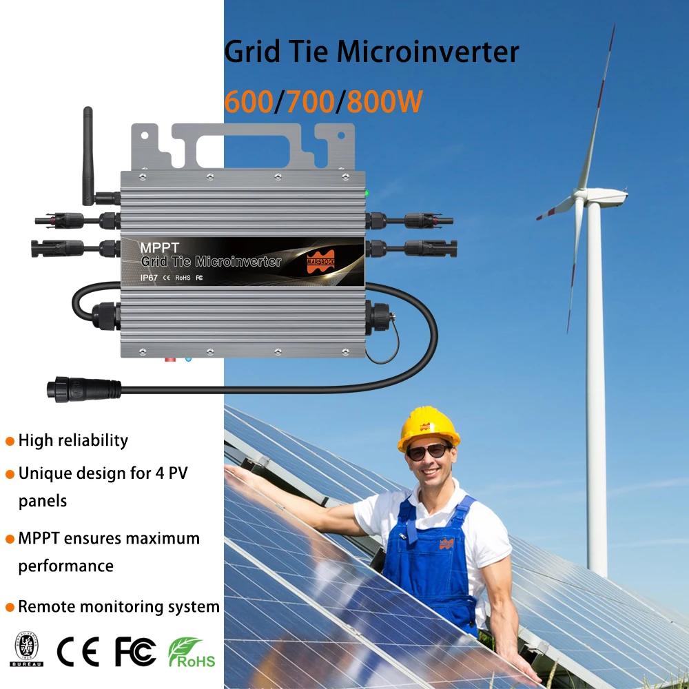 700W Solar Grid Tie Smart Micro Inverter MPPT IP67 Built-in WiFi for 20-60VDC Solar Panel,  80-260VAC Grid,With Free EU Plug