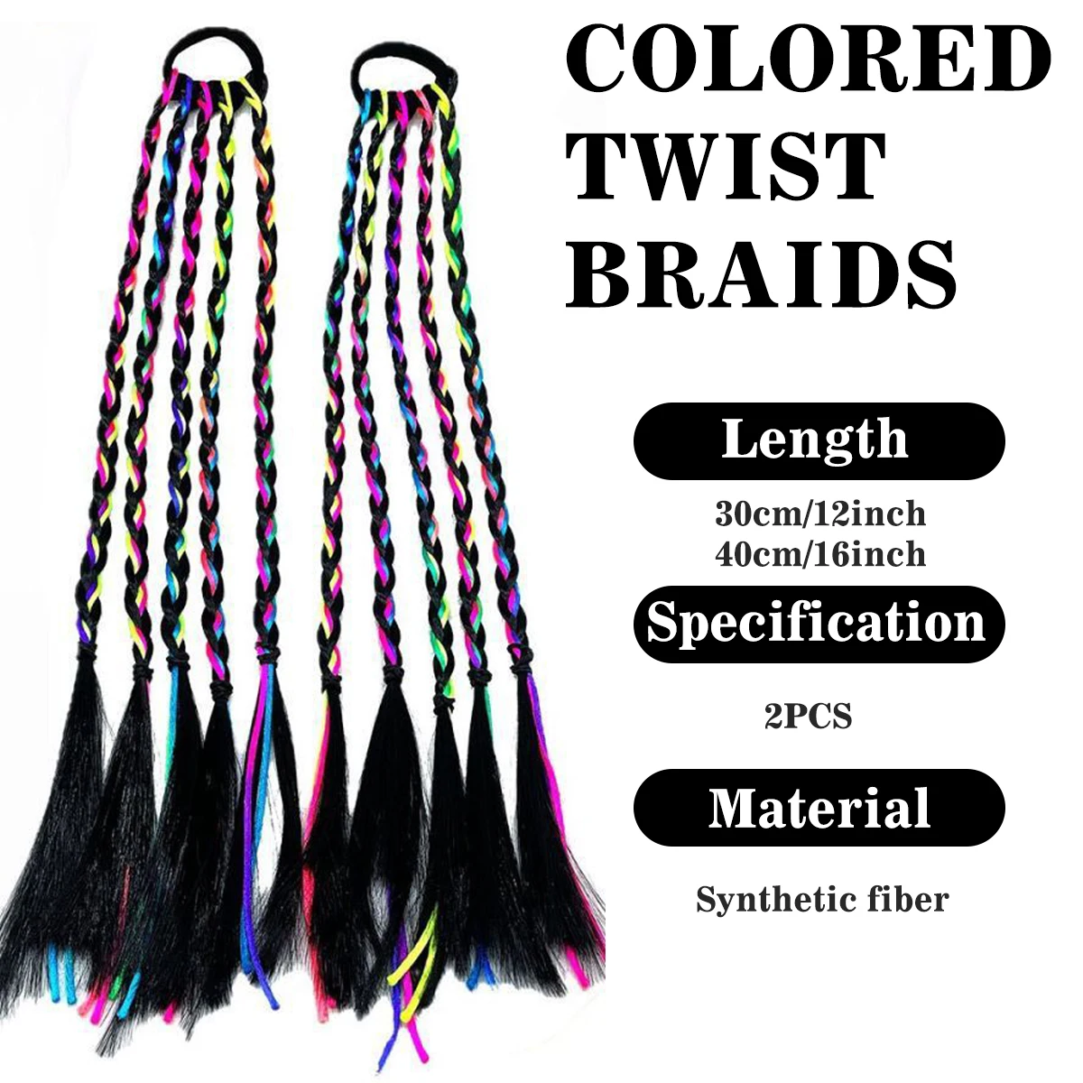 2Pcs Kids Rainbow Braids Ponytail Synthetic Colored Braided Hair Extensions Rainbow Braids Hair Accessories For Little Girls