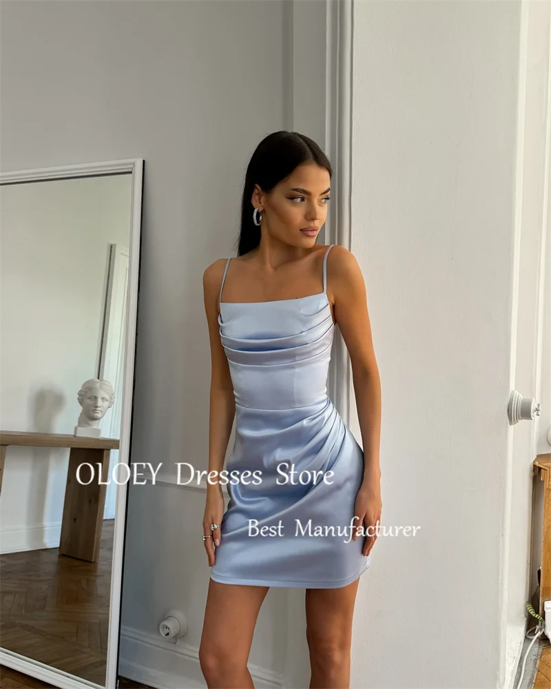 OLOEY Mini Short Blue Prom Party Dresses Spaghetti Straps Summer Beach Dress Silk Satin Cocktail Dress Evening Event Gowns