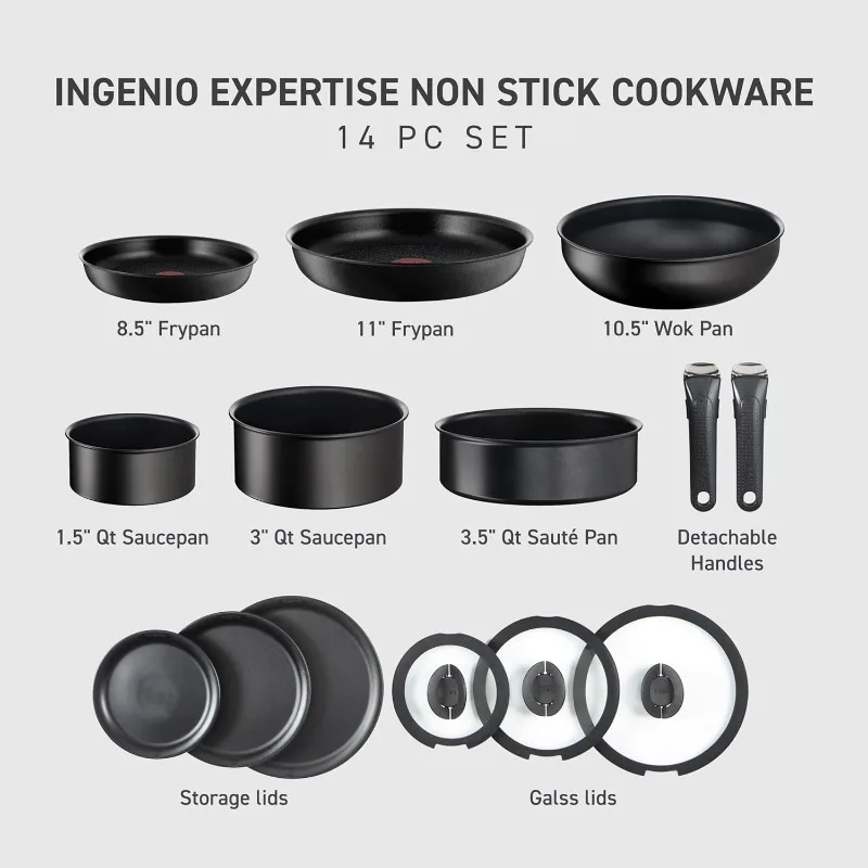 T-fal Ingenio Expertise Non Stick Cookware Set 14 Piece, Induction Oven Broiler Safe 500F, Pots, Pans, Fry Pans, Saucepans,Black